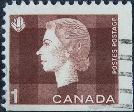 Queen Elizabeth II (1926, 2022) of Great Britain. Portrait on Canadian postage stamp