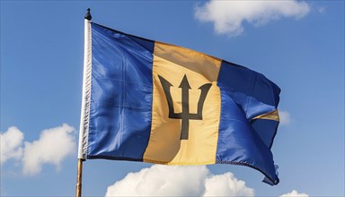 The Barbados flag flutters in the wind, isolated against a blue sky