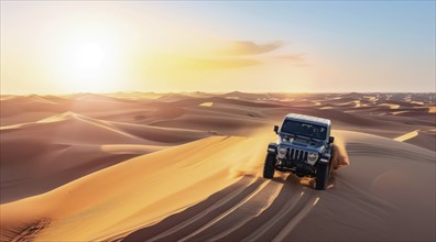 Off-road 4x4 vehicle is driving through a desert with a sun in the background, AI generated