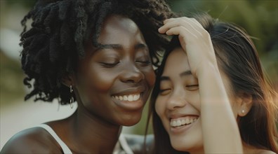 Interracial lesbian LGBTQ couple with long hair and smiling. Concept of inclusivity, AI generated