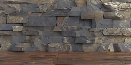 Three dimensional rendering of natural stone wall and wooden floor, AI generated