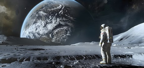 An astronaut stands on a lunar-like surface gazing at an immense planet rising, AI generated