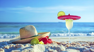 Straw hat and sunglasses lying on a beach. A concept of relaxing caribbean vacation near the ocean,