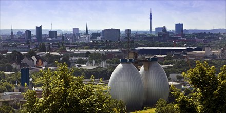 City panorama from Deusenberg with digesters and Florianturm, Dortmund, Ruhr area, North