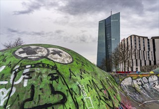 Building of the European Central Bank, ECB, skate park in the rain, at the Osthafen, at the Main in