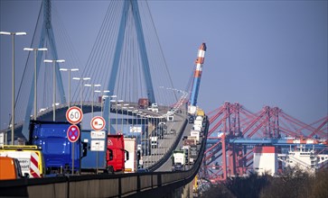 Traffic on the Köhlbrand Bridge in the port of Hamburg, spans the 325 m wide Köhlbrand, an arm of