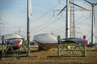 Wind farm near Bad Wünnenberg, construction site, storage area for a new wind turbine, components