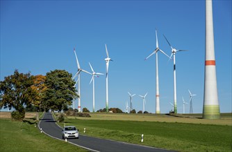 Country road, wind farm above the village of Lichtenau, self-proclaimed energy town, Paderborn