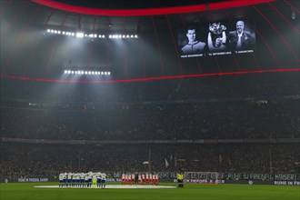 Players of FC Bayern Munich FCB and TSG 1899 Hoffenheim, photo on scoreboard mourning, remembrance,