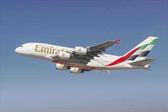 An Emirates Airbus A380-800 aircraft with the registration number A6-EOE at the airport in Dubai,