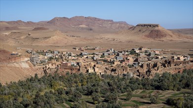 Oasis with traditional mud houses and date palms, on the edge of the Todra Gorge or Gorges du