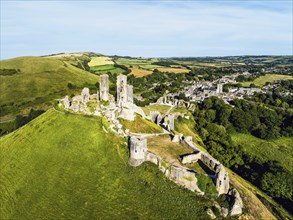 Ruins of Corfe Castle from a drone, Corfe Village, Purbeck Hills, Dorset, England, United Kingdom,