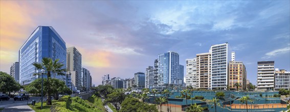 Peru, luxury condominiums located near Miraflores Lima Malecon promenade on the ocean shore, South