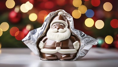 Chocolate Father Christmas, half wrapped in aluminium foil, in front of a Christmas background,