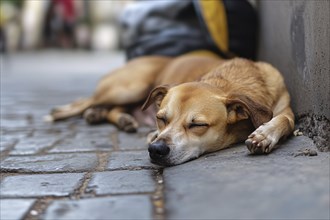 Stray dog sleeping on street. Generative AI, AI generated