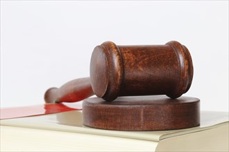 Book and judge's gavel as a symbolic image for a court judgement