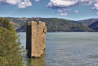 Wallachia, remains of a tower in the Danube near Sivinita, Iron Tor nature park Park, Danube