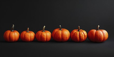 Orange pumpkins in a row on black background. Generative Ai, AI generated