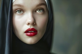 Face of young attractive woman with red lipstick and christian nun habit with veil. Generative Ai,