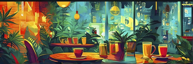 Abstract composition of a cannabis cafe with ambiance bold contrasting colors and playful shapes,