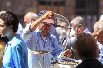 Fresh fish at the historic Catania fish market, Catania, Sicily, Italy, Europe