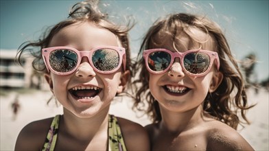 Two young girlfriends posing wearing sunglasses having fun on the beach, generatvie AI, AI