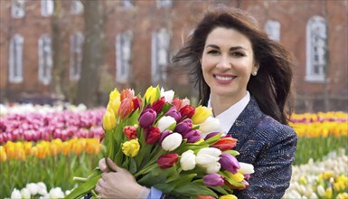 Smiling woman holding a colourful bouquet of tulips, in front of a historic brick house, AI