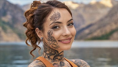 Portrait of a smiling woman with eye-catching tattoos against a mountain backdrop, AI generated, AI