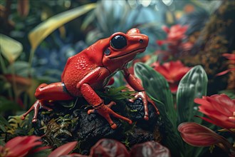 Strawberry poison dart frog, Oophaga pumilio, on leaves, AI generated