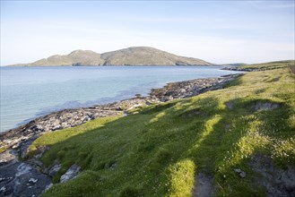 View to Sandray Island from Bagh a Deas, South Bay, Vatersay island, Barra, Outer Hebrides,