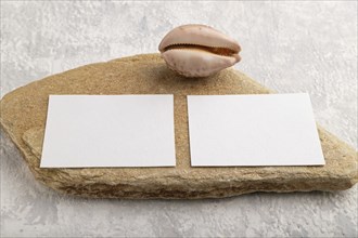 White paper business card, mockup with natural stone and seashell on gray concrete background.