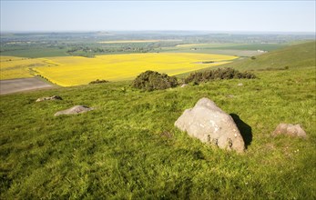 Sarsen stones on Milk Hill with a view over the Vale of Pewsey, Alton Barnes, Wiltshire, England,