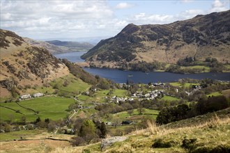 View of Ullswater lake and Glenridding village, Lake District, Cumbria, England, UK