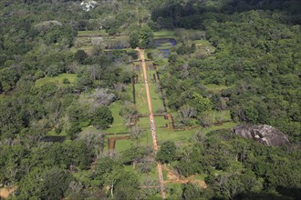 View of water gardens from rock palace fort, Sigiriya, Central Province, Sri Lanka, Asia