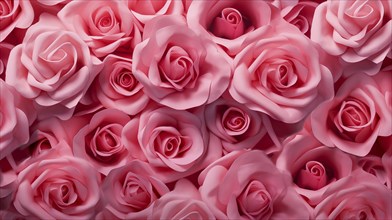 Valentine day background of close-up view of a beautiful mix of pink roses, symbolizing love and