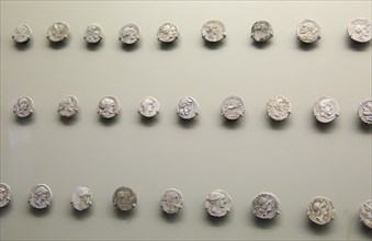 Coin display, Museo Nacional de Arte Romano, national museum of Roman art, Merida, Extremadura,