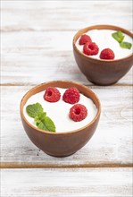 Yogurt with raspberry in clay cups on white wooden background. Side view, close up