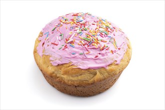 Homemade glazed and decorated pink easter pie isolated on a white background. Side view, close up