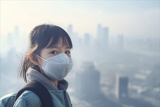 Young Asian child wearing medical face mask to protect from smog air pollution. KI generiert,