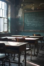 Abandoned school classroom desks in rows faded chalkboard evoking silent echoes of past lessons, AI