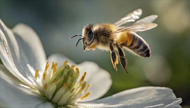 Animals, Symbol, Bee, Honey bee flies towards a flower, Apis mellifera, AI-generated, AI generated