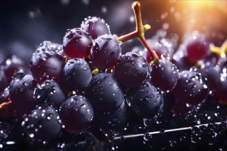 Harvest ready grape bunches with water droplets sparkling in the sunlight, AI generated