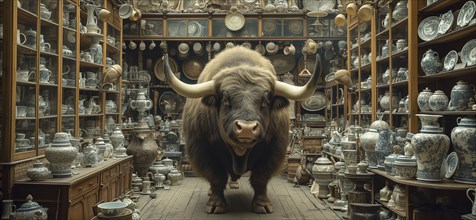 Very large bull with horns in a China shop filled with glassware. generative AI, AI generated