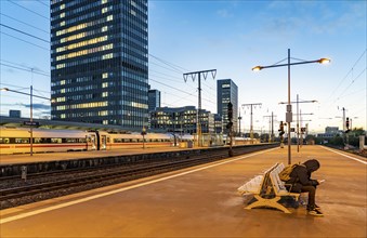 Railway station, ICE train on platform, skyline of Essen city centre, North Rhine-Westphalia,