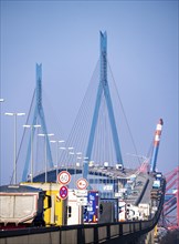 Traffic on the Köhlbrand Bridge in the port of Hamburg, spans the 325 m wide Köhlbrand, an arm of