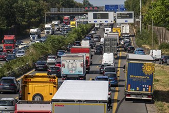 Traffic jam on the A3 motorway, over 8 lanes, in both directions, in front of the Leverkusen