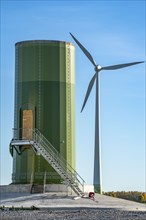 Construction site of a new wind turbine, modules of the tower, wind turbine from the manufacturer