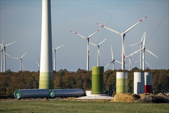 Construction site of a new wind turbine, modules of the tower, wind turbine from the manufacturer