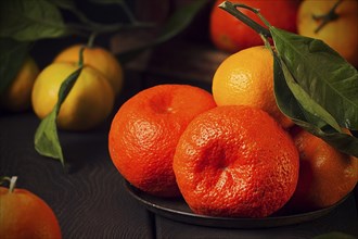 Fresh tangerines with leaves, close-up, on a wooden table, horizontal, no people