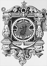 Szczecin, Poland, emblem, symbol, lion, crown, ornamentation, historical illustration 1880, Europe